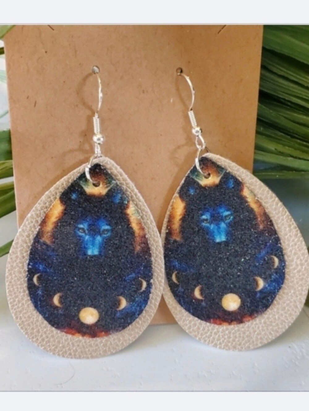 Wolf Moons Faux Leather Teardrop Earrings